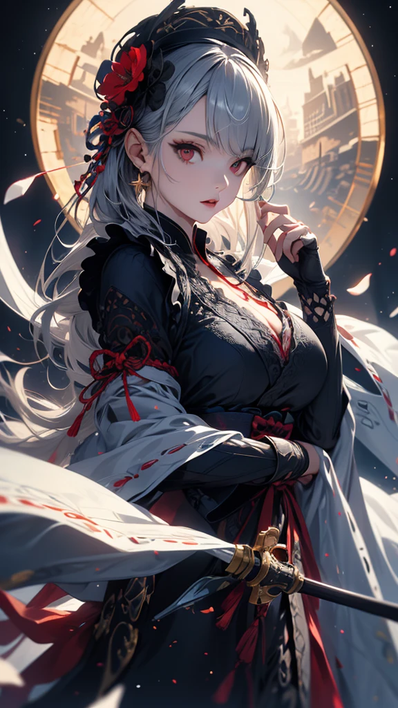 masterpiece, high quality, 4K, Beautiful design, silhouette,Gray Hair, 非常に詳細な夜のStarry Sky,Flower Field, wonderful, Finer details, Very knowledgeable woman, Highly detailed solo, 1 female,Red eyes,Big Breasts,Gothic ta Fashion,Lance,Night view,Starry Sky,full moon,