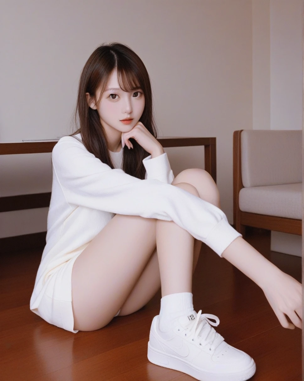 ,a young woman sitting in a room. She is 'day'He is wearing a white t-shirt with the words printed on it... She is 짧은 갈색 머리를 가지고 있으며 시청자를 직접 바라보고 있습니다.. Her feet are prominently displayed., with a close-consolation focus on her toes and soles. She is 신발을 신고 있지 않다, And her feet are bare. The room has a wooden chair with blue patterned cushions., table, and a cconsolation on it. The overall image atmosphere is calm and comfortable., taking a picture of yourself in the mirror, Holding a cell phone in one hand.