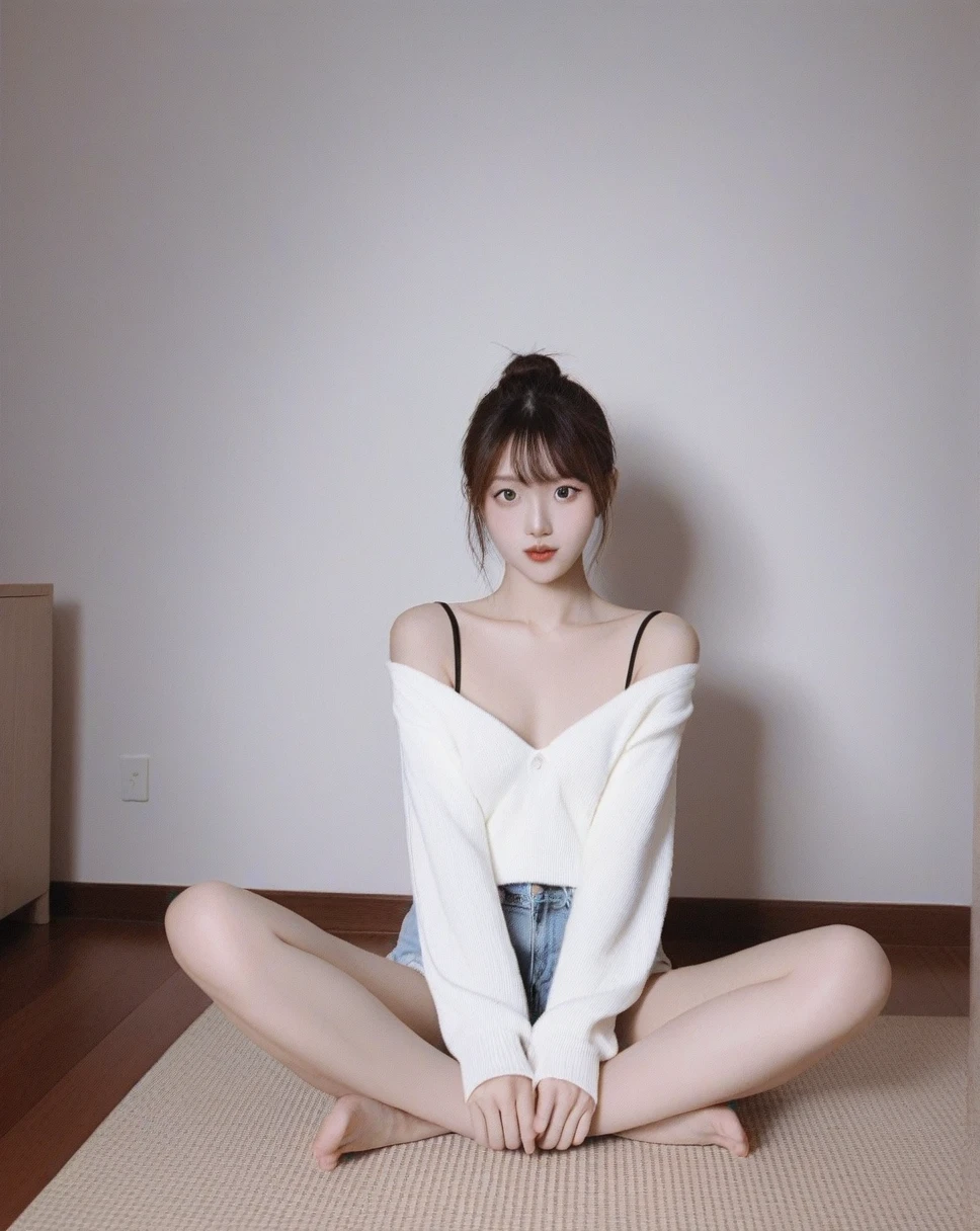 ,a young woman sitting in a room. She is &#39;day&#39;He is wearing a white t-shirt with the words printed on it... She is 짧은 갈색 머리를 가지고 있으며 시청자를 직접 바라보고 있습니다.. Her feet are prominently displayed., with a close-consolation focus on her toes and soles. She is 신발을 신고 있지 않다, And her feet are bare. The room has a wooden chair with blue patterned cushions., table, and a cconsolation on it. The overall image atmosphere is calm and comfortable., taking a picture of yourself in the mirror, Holding a cell phone in one hand.