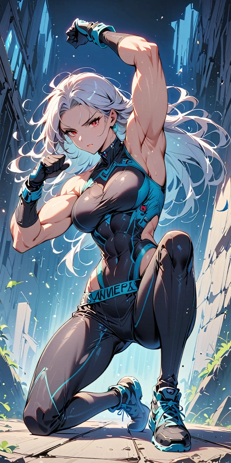beautiful muscular woman and doing a knee strike, six pack, no men in background , tight shirt,silver hair and red eyes, and leggings,wearing long slender gloves that reach the bicep, full body portrait