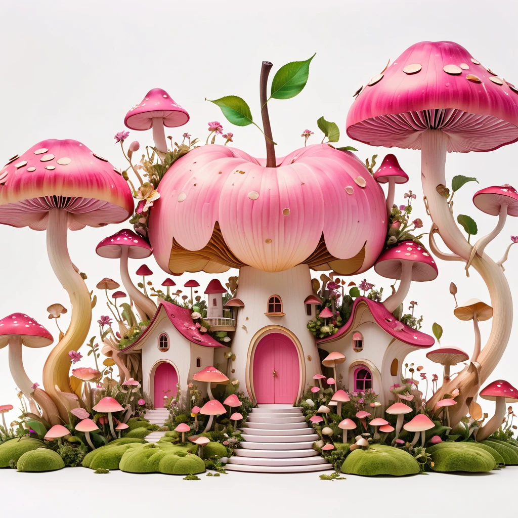 Minimalist architectural composition made from apple peels, With intricate floral and mushroom elements, Create a surreal and dreamy illustration, 4K, 8K, best quality, masterpiece, Reality, Extremely detailed, Pink soft colors, White background