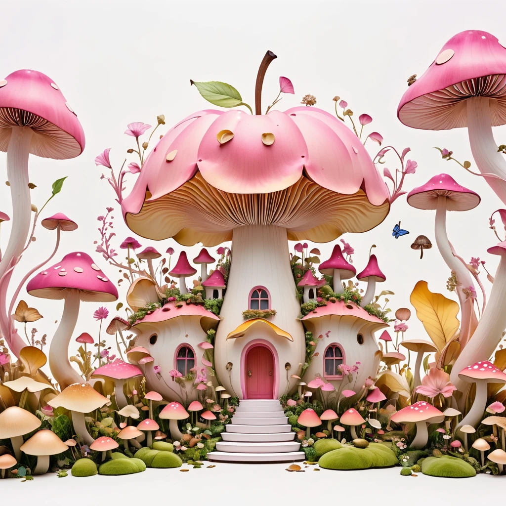 Minimalist architectural composition made from apple peels, With intricate floral and mushroom elements, Create a surreal and dreamy illustration, 4K, 8K, best quality, masterpiece, Reality, Extremely detailed, Pink soft colors, White background