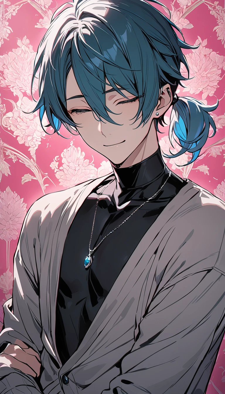 ((((best masterpiece, best quality, wallpaper,)))) solo, guy, male body, small muscles, flat chest, 1male, 30 years old, handsome man, upper body, looking at viewers, beautiful detailed, seductive smile, mediumturquoise hair, ((((Lower short ponytail)))), asymmetrical bangs, ((short hair,)) (((light smile, closed eyes, tareme, droopy eyes,))) (((perfect face,))) perfect hands, sharp nose, clear face, black turtleneck, grey cardigan, ((silver piercing, pendant,)) leggings, pink background color ultrasharp, 8K, masterpiece,