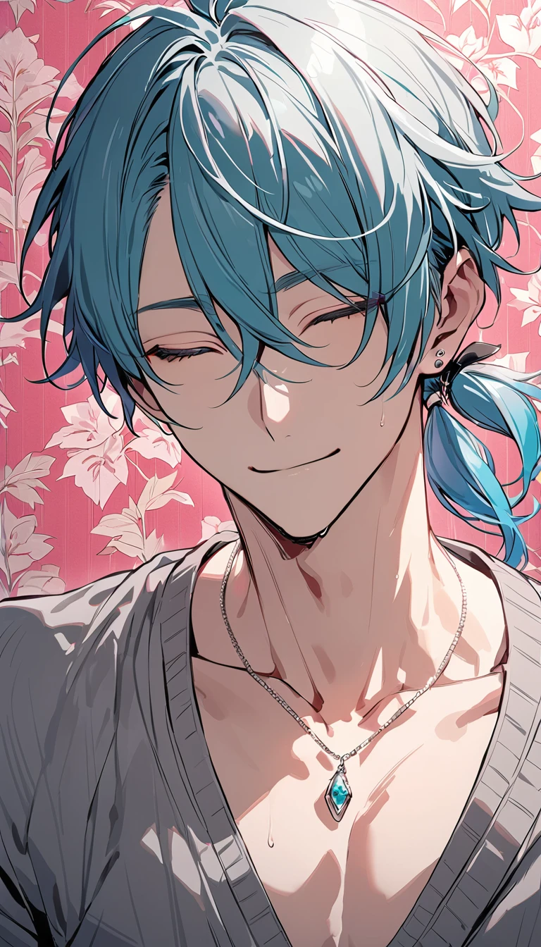 ((((best masterpiece, best quality, wallpaper,)))) solo, guy, male body, small muscles, flat chest, 1male, 30 years old, handsome man, upper body, looking at viewers, beautiful detailed, seductive smile, mediumturquoise hair, ((((Lower short ponytail)))), asymmetrical bangs, ((short hair,)) (((light smile, closed eyes, tareme, droopy eyes,))) (((perfect face,))) perfect hands, sharp nose, clear face, black turtleneck, grey cardigan, ((silver piercing, pendant,)) leggings, pink background color ultrasharp, 8K, masterpiece,