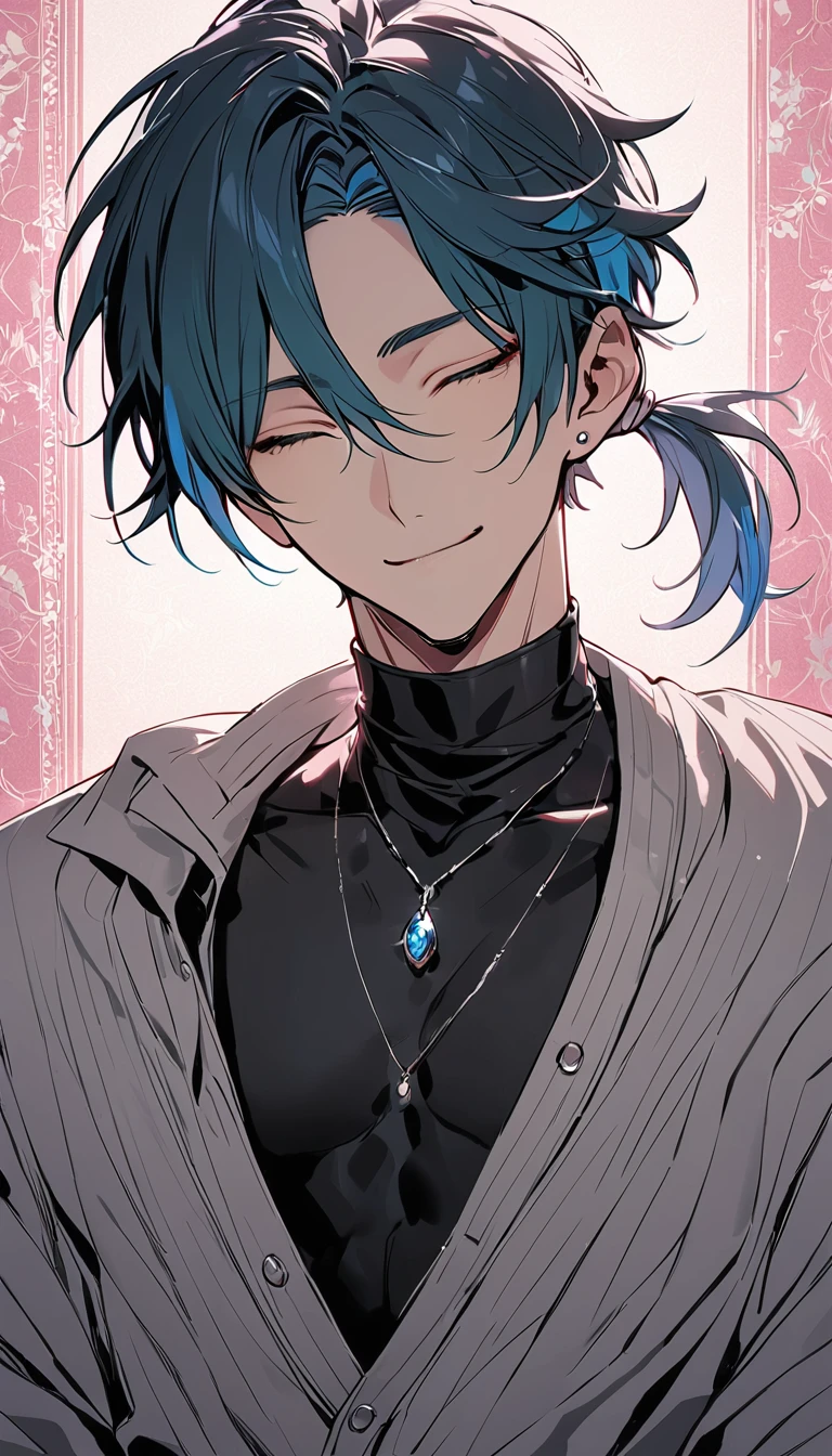 ((((best masterpiece, best quality, wallpaper,)))) solo, guy, male body, small muscles, flat chest, 1male, 30 years old, handsome man, upper body, looking at viewers, beautiful detailed, seductive smile, mediumturquoise hair, ((((Lower short ponytail)))), asymmetrical bangs, ((short hair,)) (((light smile, closed eyes, tareme, droopy eyes,))) (((perfect face,))) perfect hands, sharp nose, clear face, black turtleneck, grey cardigan, ((silver piercing, pendant,)) leggings, pink background color ultrasharp, 8K, masterpiece,