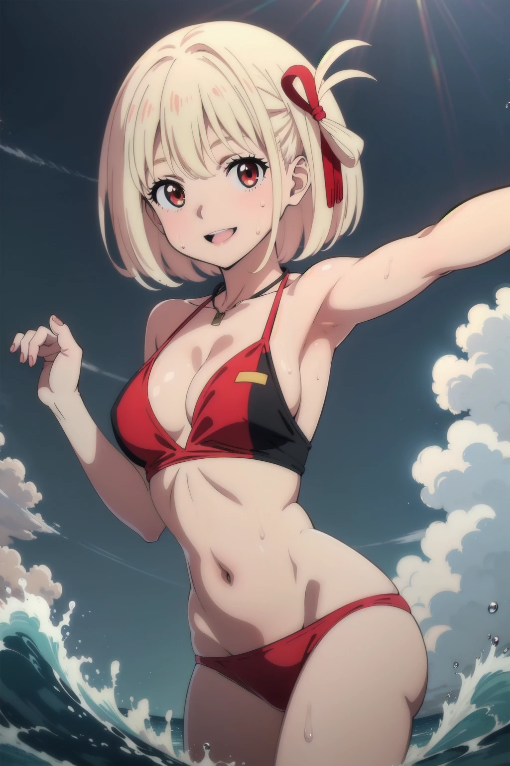 (masterpiece, best quality:1.4), looking at viewer, smile,chisato nishikigi, blonde hair, short hair, red eyes, medium breasts, hair ribbon, Smiling, looking at the viewer, blue theme, blue background, cloudy sky, sunlight, sweat, orgasmic, bikini swimsuit, cleavage, belly button exposed, collarbone, thighs, sea , head, Wave, splashe,