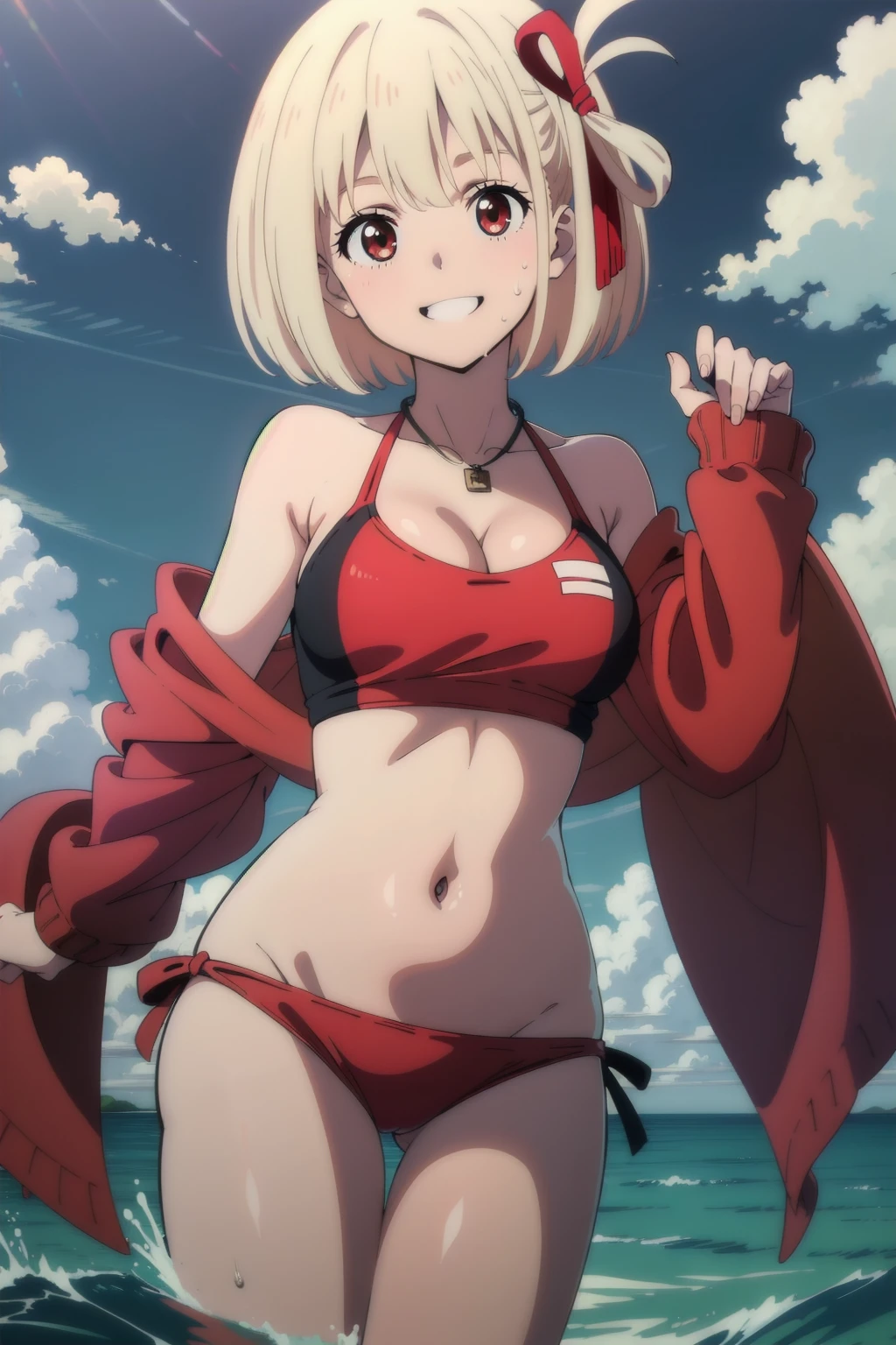(masterpiece, best quality:1.4), looking at viewer, smile,chisato nishikigi, blonde hair, short hair, red eyes, medium breasts, hair ribbon, Smiling, looking at the viewer, blue theme, blue background, cloudy sky, sunlight, sweat, orgasmic, bikini swimsuit, cleavage, belly button exposed, collarbone, thighs, sea , head, Wave, splashe,