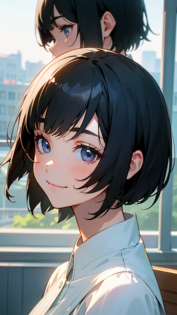 １girl、Shiny black hair、Short Bob Cut、calm and calm look、smile、profile、Face close-up、Morning Cafe Terrace、Background blur, Written boundary depth