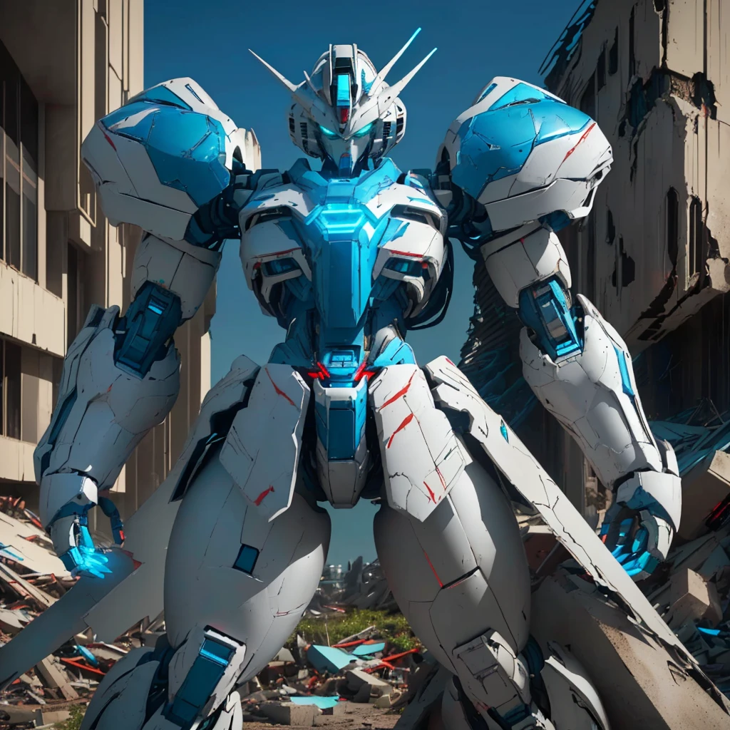 ((masterpiece)), ((best quality)), (high res), ((perfect anatomy)), (((solo))), ((perfect face)), ((giant robot)), ((mecha)), (((damaged))), ((bruned)), ((battle damaged)), ((female-like bodyshape)), ((slim body)), ((soft edges)), ((femenine gundam)), ((white body with blue and red paint)), (green eyes), (((blue LEDs across the body))), ((blue circular core)), (((thick thighs))), (((narrow waist))), (((standing over a ruined city))), ((night)), ((storm)), ((under the rain)), (full body)