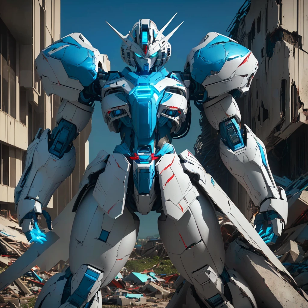 ((masterpiece)), ((best quality)), (high res), ((perfect ???????)), (((solo))), ((perfect face)), ((giant robot)), ((mecha)), (((damaged))), ((bruned)), ((battle damaged)), ((female-like bodyshape)), ((slim body)), ((soft edges)), ((femenine gundam)), ((white body with blue and red paint)), (green eyes), (((blue LEDs across the body))), ((blue circular core)), (((thick thighs))), (((narrow waist))), (((standing over a ruined city))), ((night)), ((storm)), ((under the rain)), (full body)
