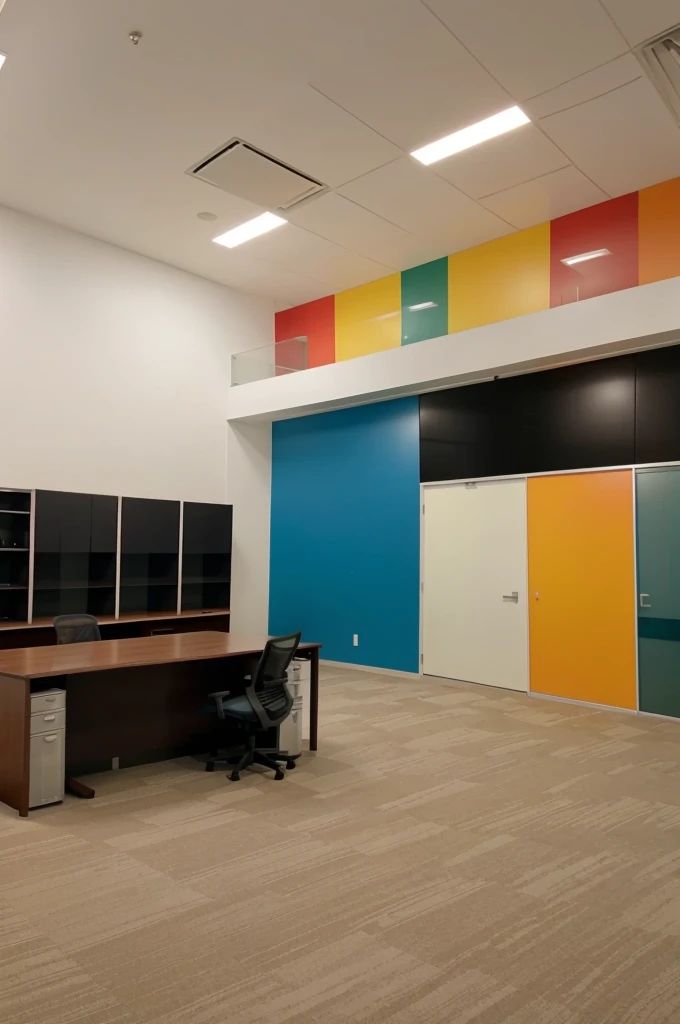 Panoramic photo of the interior of an office that has no desks or chairs, include color wall #03BFC0 with triptych decorative paintings that illustrate a desert landscape in terracotta colors, On the right side there is a window with curtains drawn through it you can see a city with daylight, In the corner opposite the window there is a medium-sized pot color 025158 with red flowers, the floor is colored carpet #025158 eliminar escritorio con sillas