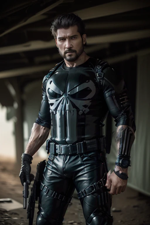 (( Frank Castle on a black Kawasaki ninja bike )),, ((30 years old)), (( hard, perfectbody, well-defined )), (( Or punisher )), (( quadrinhos da marvel )), Punisher's outfit