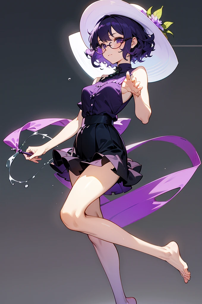 one girl, short very curly purple hair with dark purple strand, glasses, two-piece black and white color summer flower theme simple swim outfit, simple detaled, lovable, no background, dynamic nikko pose,, full body ,detaled feet,short blouse flowers,art, long airy skirt, summer hat,,exposed breasts