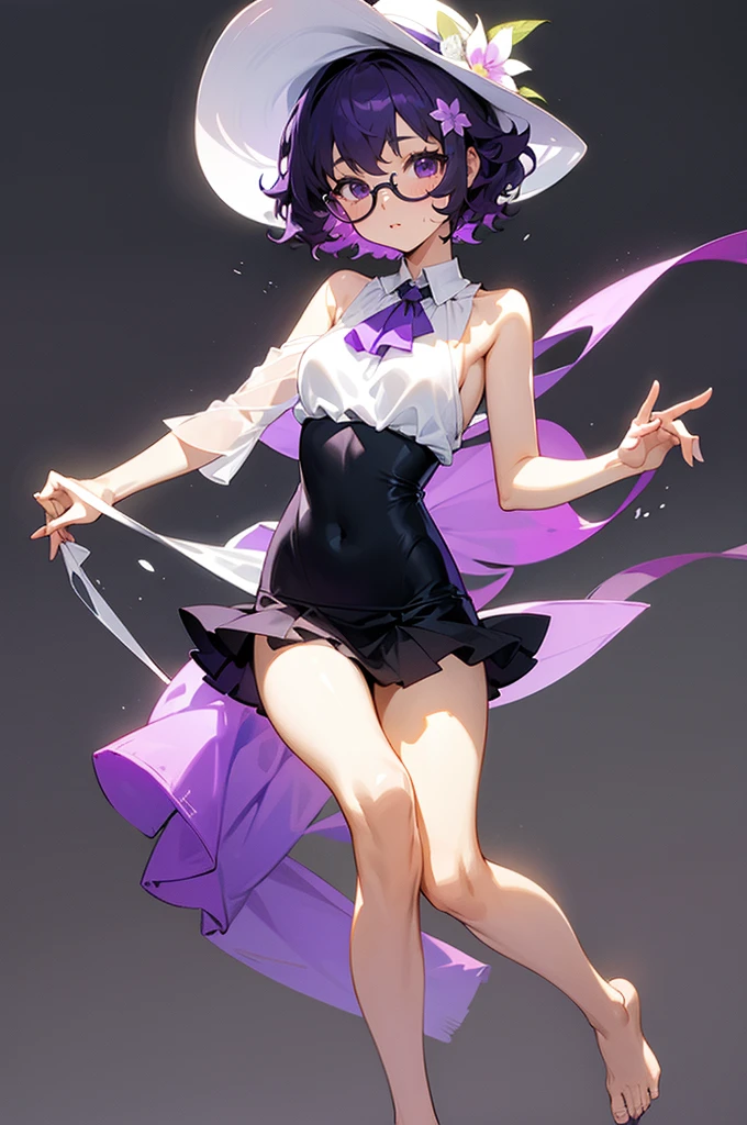 one girl, short very curly purple hair with dark purple strand, glasses, two-piece black and white color summer flower theme simple swim outfit, simple detaled, lovable, no background, dynamic nikko pose,, full body ,detaled feet,short blouse flowers,art, long airy skirt, summer hat,,exposed breasts