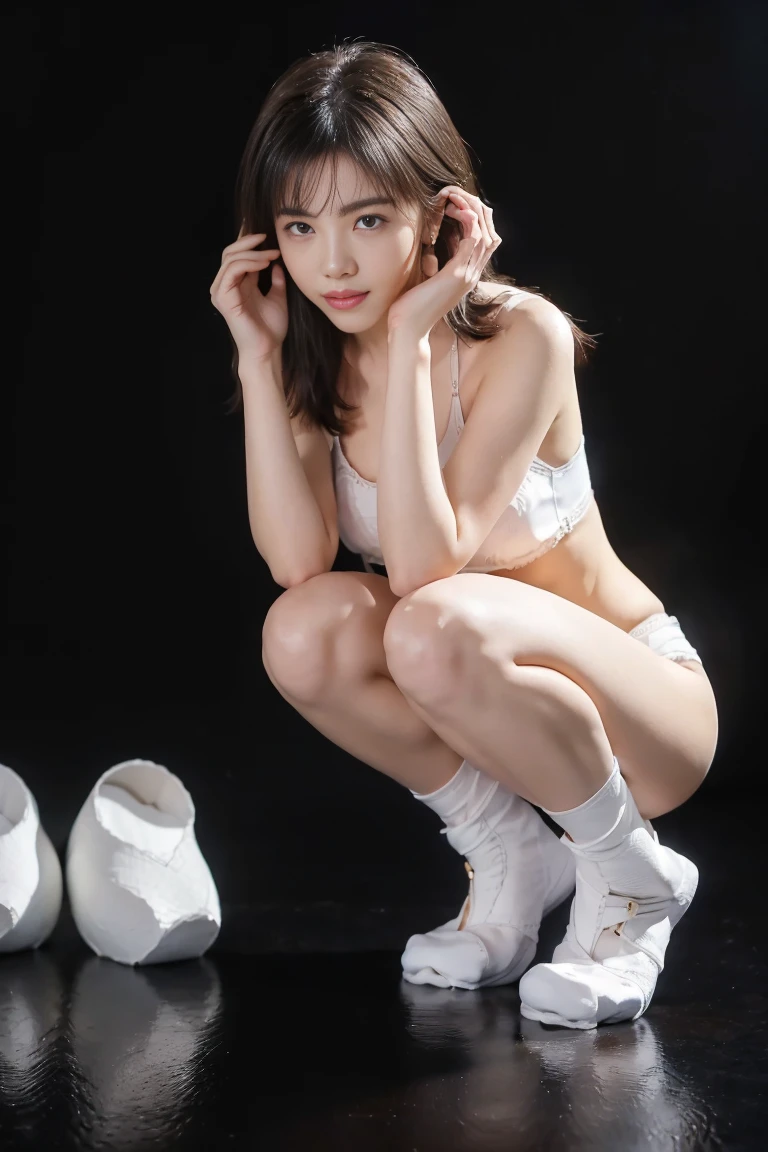 23 years old,(Super Beauty:1.2), A clean-cut woman, masterpiece, Highest quality, Great Skin, Delicate face, Smiling face, Young Face, Clean look, Twinkle Eyes, Deep-set eyelids, small, Ample breasts、 ((High resolution)), ((Highly detailed CG Unity 8k wallpaper)), short hair, bangs, Elegant rounded bob, captivating and mesmerizing, Dimly lit room, sentimental、ss size lace bra,SS size T-back panties,Emphasize the chest、(((Above the knees shot:1.7))),(((Black Background:1.7))),(((Knees70cmMove your feet apart and squat down:1.6))),((Show both sides)),High heel sandals,Camel Finger,Don't show your toes,