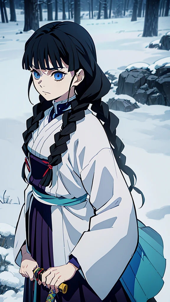 Kimetsu no Yaiba style, 1 mature, girl, blue eyes, a hashira, pretty, long dark brown hair in braids, curtain bangs, annoyed expression, noble, Pillar Demon Slayer, holding a sword, wearing demon slayer uniform, holding a blue demon slayer sword, dark and snowy background