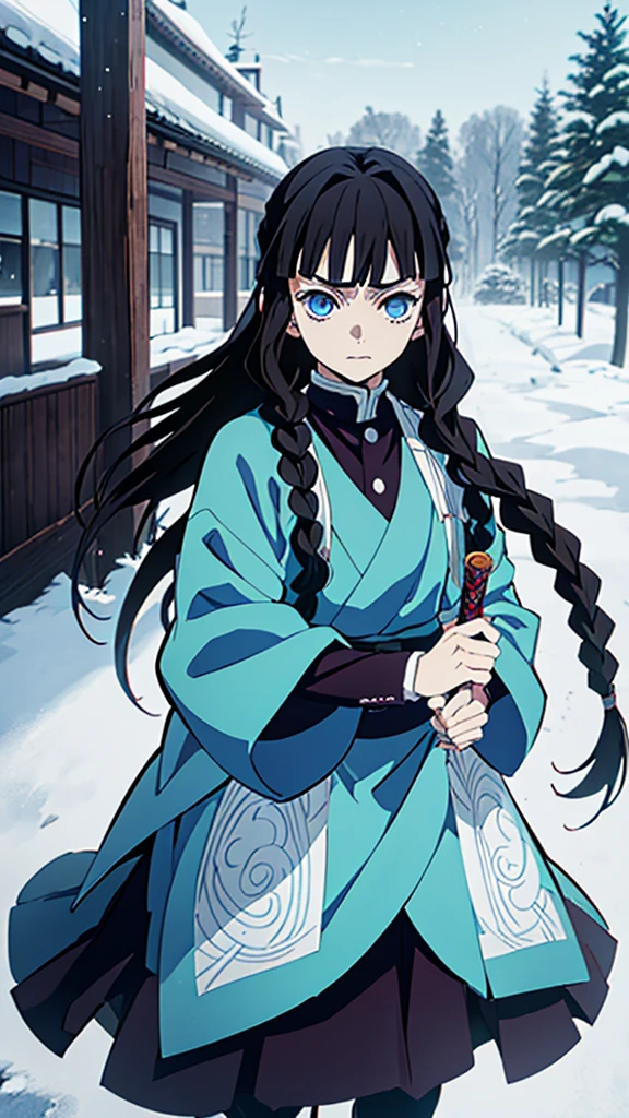 Kimetsu no Yaiba style, 1 mature, girl, blue eyes, a hashira, pretty, long dark brown hair in braids, curtain bangs, annoyed expression, noble, Pillar Demon Slayer, holding a sword, wearing demon slayer uniform, holding a blue demon slayer sword, dark and snowy background