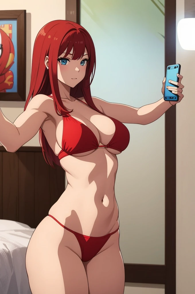 make redhaired slim girl in to tight bikini at home, she's holding a smartphone