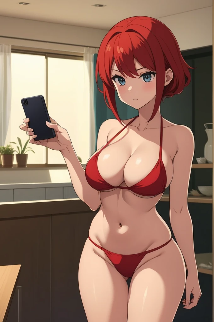 make redhaired slim girl in to tight bikini at home, she's holding a smartphone