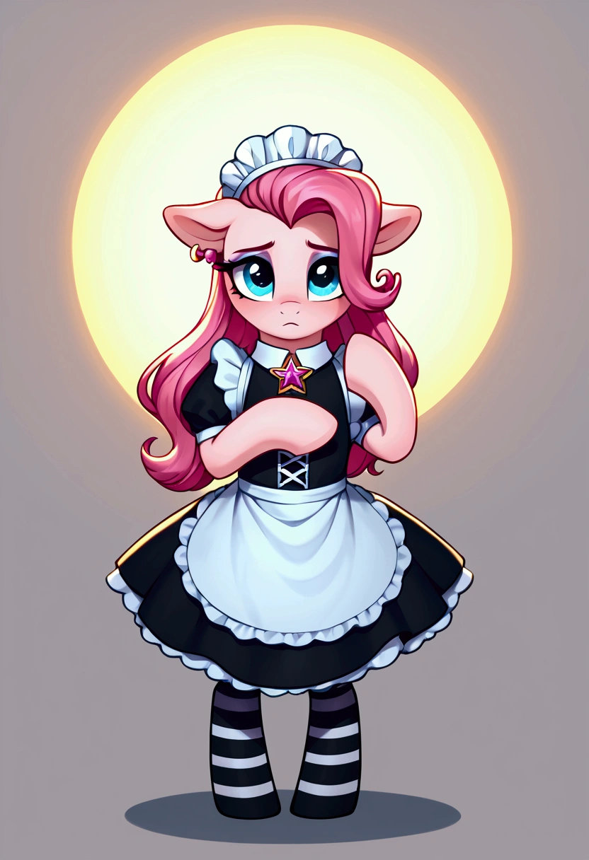 score_9,score_8_up,score_7_up,score_6_up, ((my little pony)), radiant lighting, vibrant colors, whimsical atmosphere, 8K, high resolution, highly detailed, masterpiece, (shy look), ((pony body)), white body, blue eyes, (maid costume), striped stockings, star pendant, earrings, eyeshadow, (very rich pink hair colour), ((long hair)), ((lesson pose))