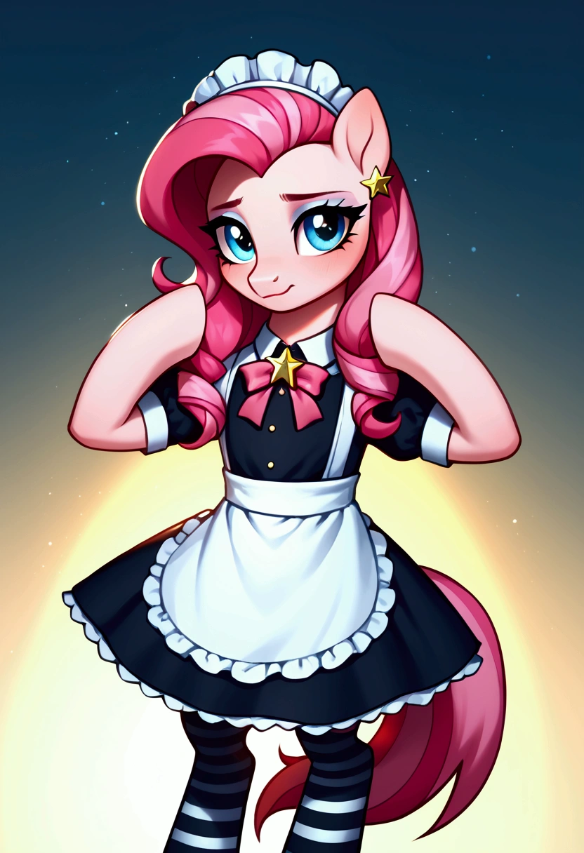 score_9,score_8_up,score_7_up,score_6_up, ((my little pony)), radiant lighting, vibrant colors, whimsical atmosphere, 8K, high resolution, highly detailed, masterpiece, (shy look), ((pony body)), white body, blue eyes, (maid costume), striped stockings, star pendant, earrings, eyeshadow, (very rich pink hair colour), ((long hair)), ((lesson pose))