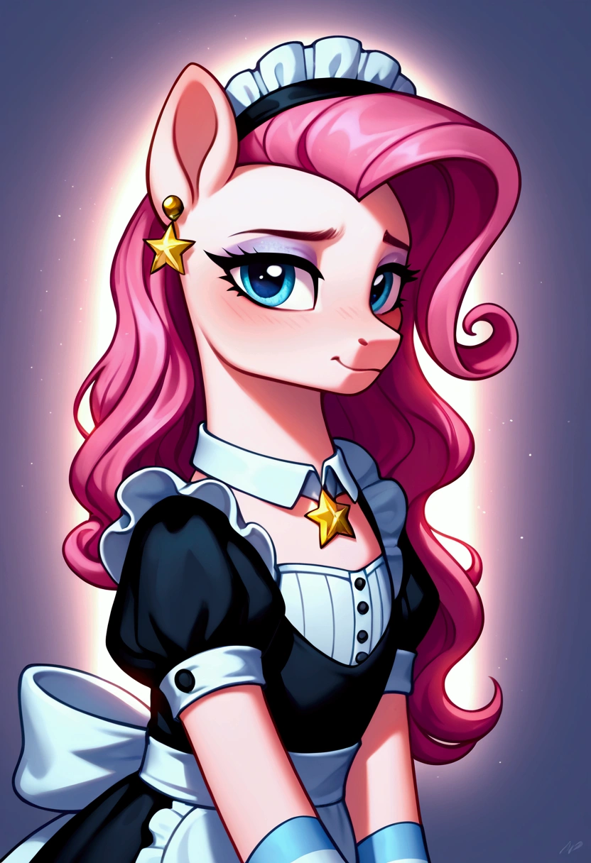 score_9,score_8_up,score_7_up,score_6_up, ((my little pony)), radiant lighting, vibrant colors, whimsical atmosphere, 8K, high resolution, highly detailed, masterpiece, (shy look), ((pony body)), white body, blue eyes, (maid costume), striped stockings, star pendant, earrings, eyeshadow, (very rich pink hair colour), ((long hair)), ((lesson pose))