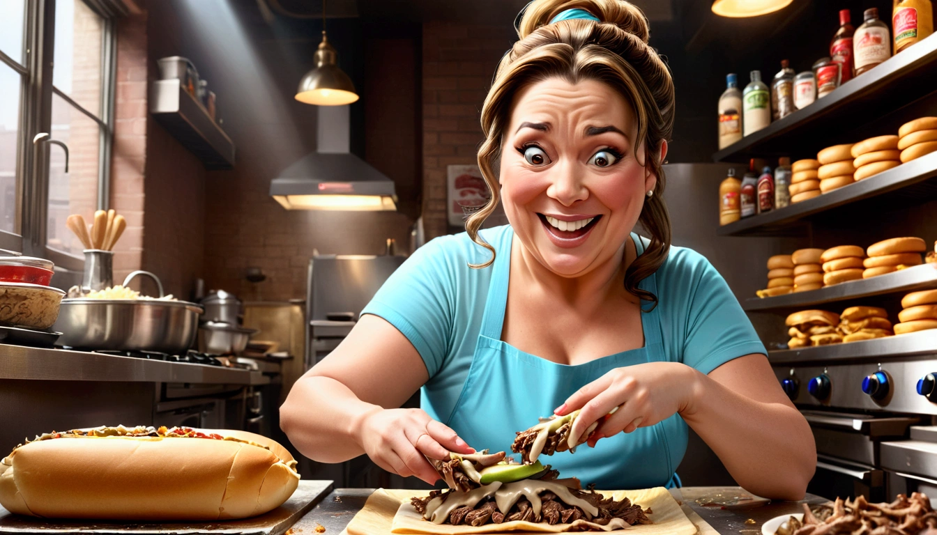 a fat middle aged woman making philly cheesesteaks, extremely detailed face and eyes, hyper detailed hands, smile, low ponytail, cinematic lighting, 8k, photorealistic, realistic, masterpiece, wide shot, best quality, highres, ultra-detailed, (realistic, photorealistic, photo-realistic:1.37), HDR, UHD, studio lighting, ultra-fine painting, sharp focus, physically-based rendering, extreme detail description, professional, vivid colors, bokeh