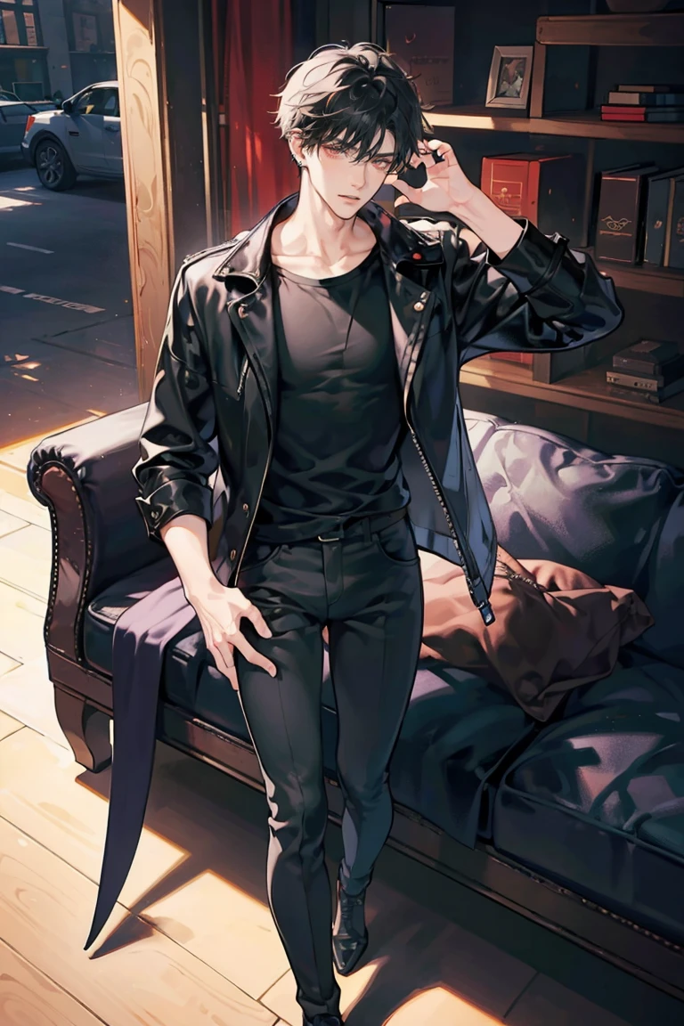 (masterpiece), best quality, seductive eyes, perfect face, handsome man, red eyes, short messy black hair, long nose, plain black t-shirt, black fitted pants, black leather jacket, full body, extremely tall man, long legs, long calves, anime cover, 1boy, ear piercings, hands in pockets, adult-like look, bad boy, sports car 
