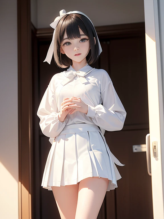 (masterpiece、Highest quality:1.7)、(11 years old:1.5)、(Above the knee shot:1.5)、Bobcut、Black Hair、85mm、16K、Official Art、RAW Photos、Best Beautiful Faces、Close-up、Violet、Gardenia、((The best beautiful girl、very cute))、Red blush on cheeks、indoor、(Are standing:1.8)、Film Grain、Chromatic Aberration、Sharp Focus、(((Nice hands、Perfect hands、Perfect Fingers、Thin and delicate fingers、A perfect body without flaws)))、Detailed face、(Slender body:1.5)、(Slender body:1.4)、(Slim upper body:1.4)、(Small and flat bust:1.5)、(Let your bangs hang down:1.8)、(Blushing:1.8)、(Low contrast lighting:1.2)、(White tight business blouse with collar:1.5)、(White bow tie blouse:1.4)、(Long sleeve: 1.3)、(A very short white pleated mini skirt:1.8),(Holding his chest with his palm:1.5),(White ribbon on thigh:1.7)