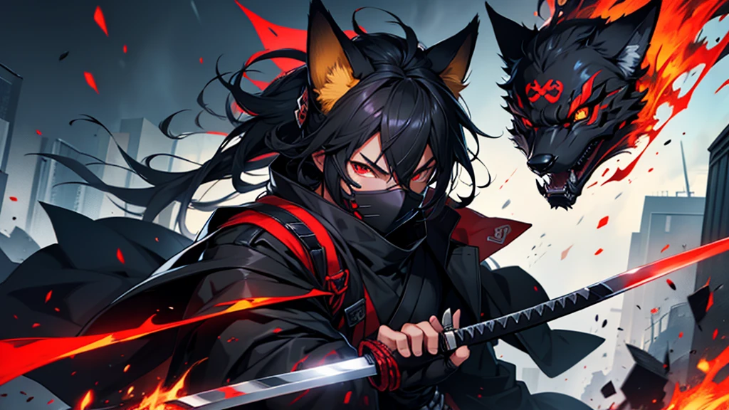 create black cyber samurai with red fire eye, fox mask and katana in the middle of destruction