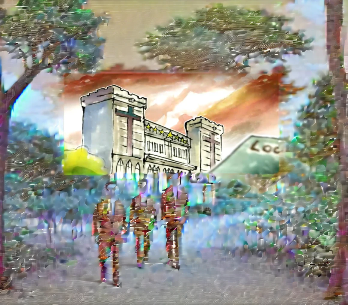 seven chibi looking guys in suits walking, trees, bushes