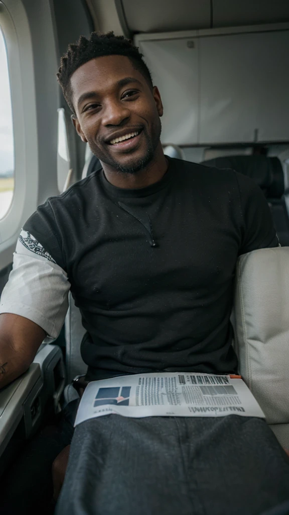 ((long distance shot:1.5)), a black man, small beard, wrinkled, weathered, with piercing eyes, laughing, detailed face, high details, sitting in the airplane, airplane on the background