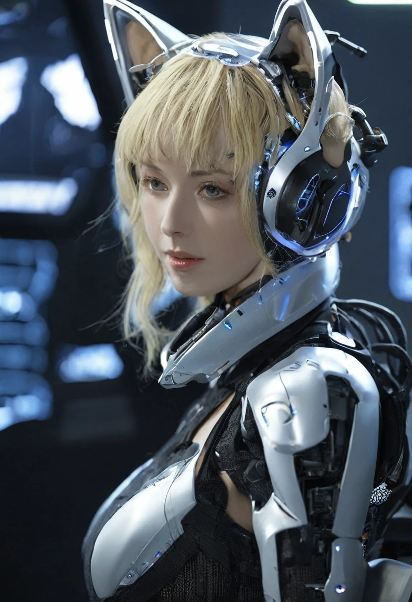 Cat ear、Blonde、Futuristic、Cyber Sense、Real、フォトReal、High resolution、Robot cockpit。