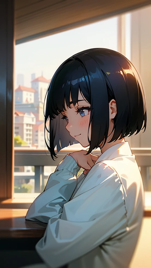 １girl、Shiny black hair、Short Bob Cut、calm and calm look、smile、profile、Face close-up、Morning Cafe Terrace、Background blur, Written boundary depth