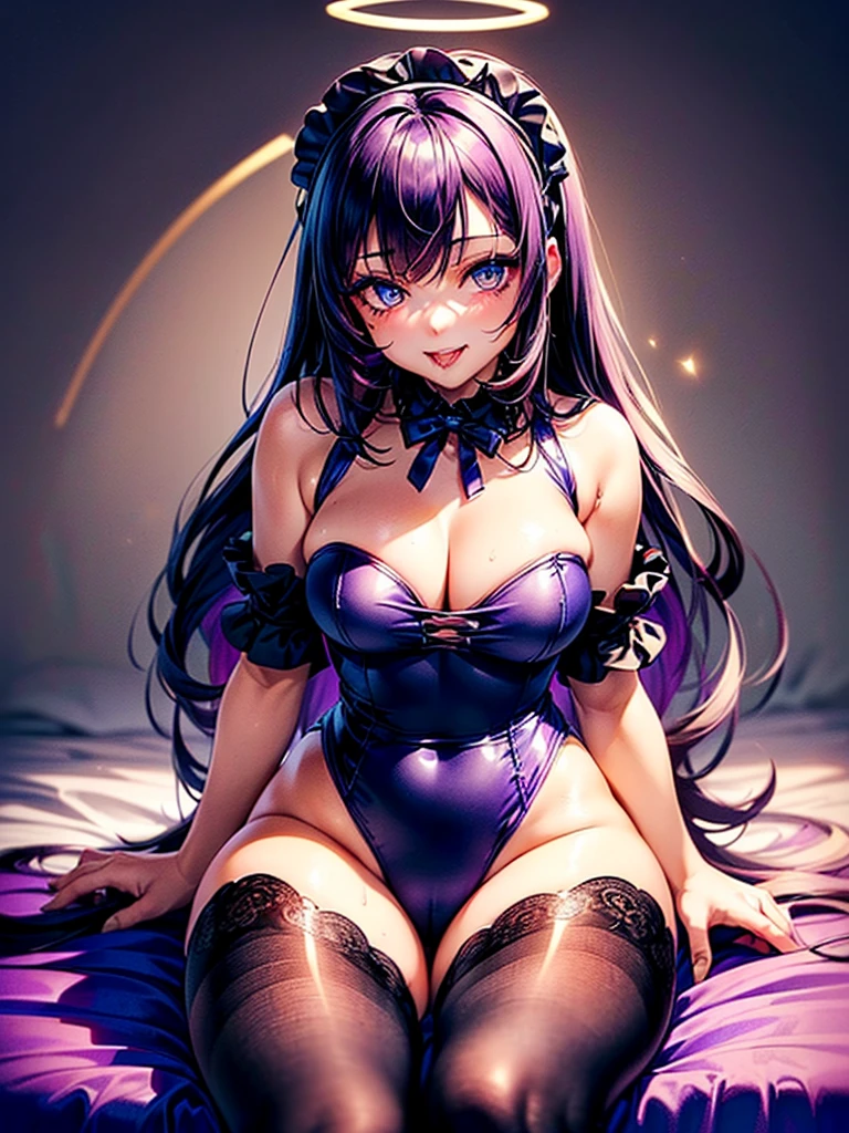 Highest quality,Highest Resolution,(((A beautiful girl with blue eyes and black hair in a maid leotard)))and(((A beautiful purple-haired girl with beautiful red eyes wearing a gothic ta leotard)))are having sex in the sitting position,kiss,saliva,(((Halo))),smile,
