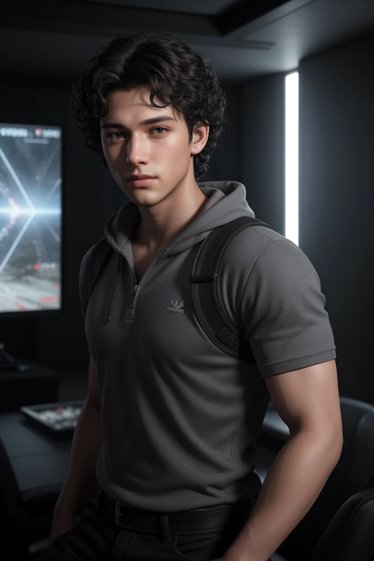 a young man, 18 years old, tall, muscular, short curly dark hair, gray eyes, in a gaming room, detailed face, realistic, photorealistic, HDR, ultra-detailed, masterpiece, cinematic lighting, volumetric lighting, ray-tracing, 8k, vibrant colors, dynamic composition, hyper-realistic, highly detailed, unreal engine, 3d render