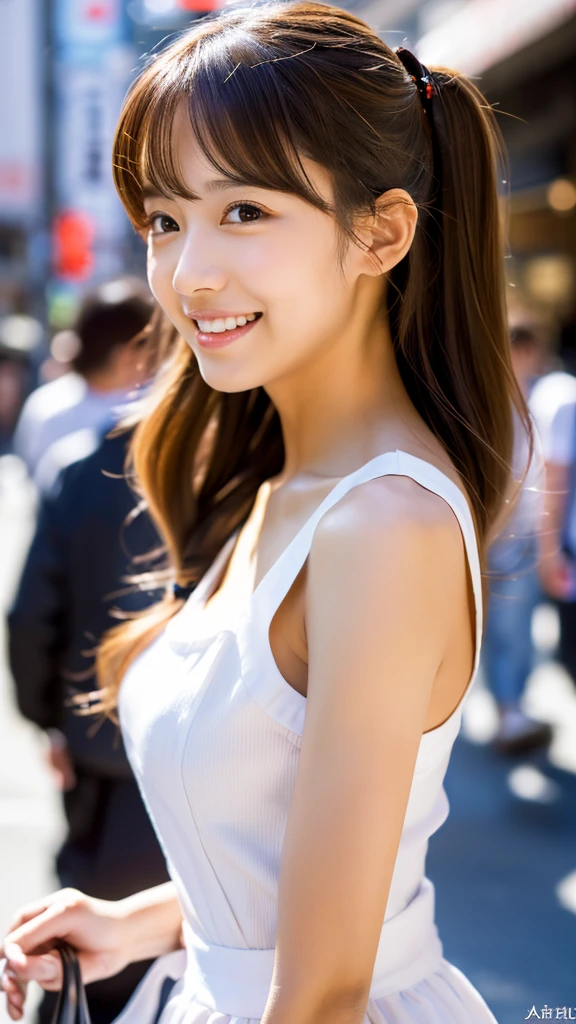 One girl,Long Hair,smile, ((Maid clothes)),(Streets in the city) RAW Photos, (photoRealistic:1.37, Realistic), Highly detailed CG integrated 8K wallpaper, View your viewers, (((Straight from the front))), (high qualityスキン:1.8, Shiny skin), 8K Ultra HD, Digital SLR, Soft lighting, high quality, Film Grain, Fujifilm XT3, ((Upper Body:1.6)), (Professional Lighting:1.6)、Large Breasts、No clothes、I&#39;m not wearing anything、I want to see up to my knees、