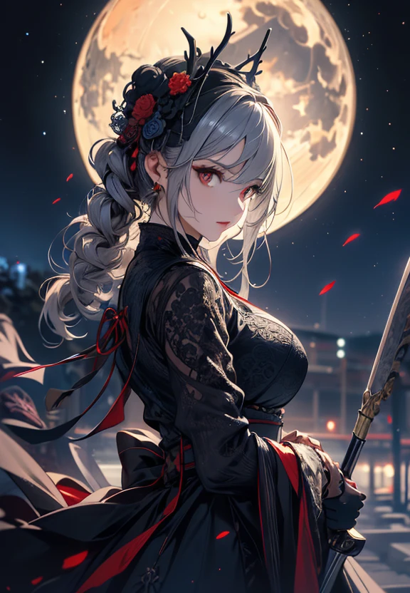 masterpiece, high quality, 4K, Beautiful design, silhouette,Gray Hair, 非常に詳細な夜のStarry Sky,Flower Field, wonderful, Finer details, Very knowledgeable woman, Highly detailed solo, 1 female,Red eyes,Big Breasts,Gothic Lolita Fashion,Night view,Starry Sky,full moon,