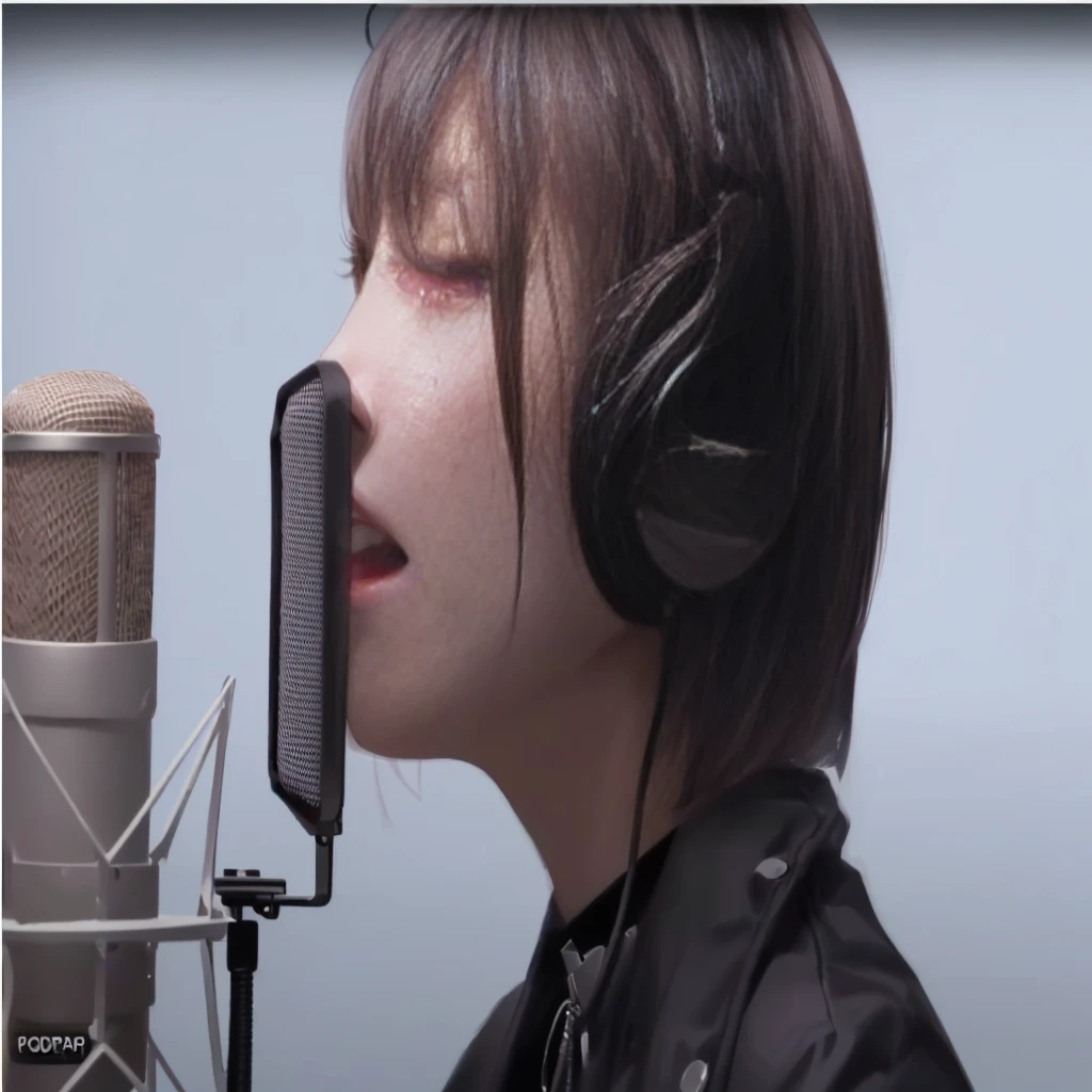 (((perfect quality, perfect anatomy, perfect body, beautiful, masterpiece))), (shiny silver hair, bob cut, bang between eyes, beautiful hair, beautiful silver eyes, glossy eyes, twinkle eyes, large breast), 1 beautiful girl, cute face, beautiful face, pretty face, beautiful, best quality, good anatomy, BREAK girl sings while listening to the sound with headphones attached to one ear in a recording studio booth, popguard and recording microphone setting before girl,