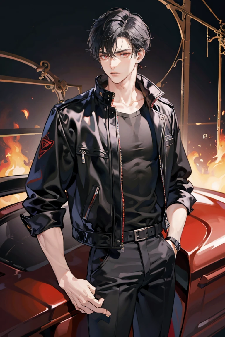 (masterpiece), best quality, seductive eyes, perfect face, handsome man, red eyes, short messy black hair, long nose, plain black t-shirt, black fitted pants, black leather jacket, full body, extremely tall man, long legs, long calves, anime cover, 1boy, ear piercings, hands in pockets, adult-like look, bad boy, sports car
