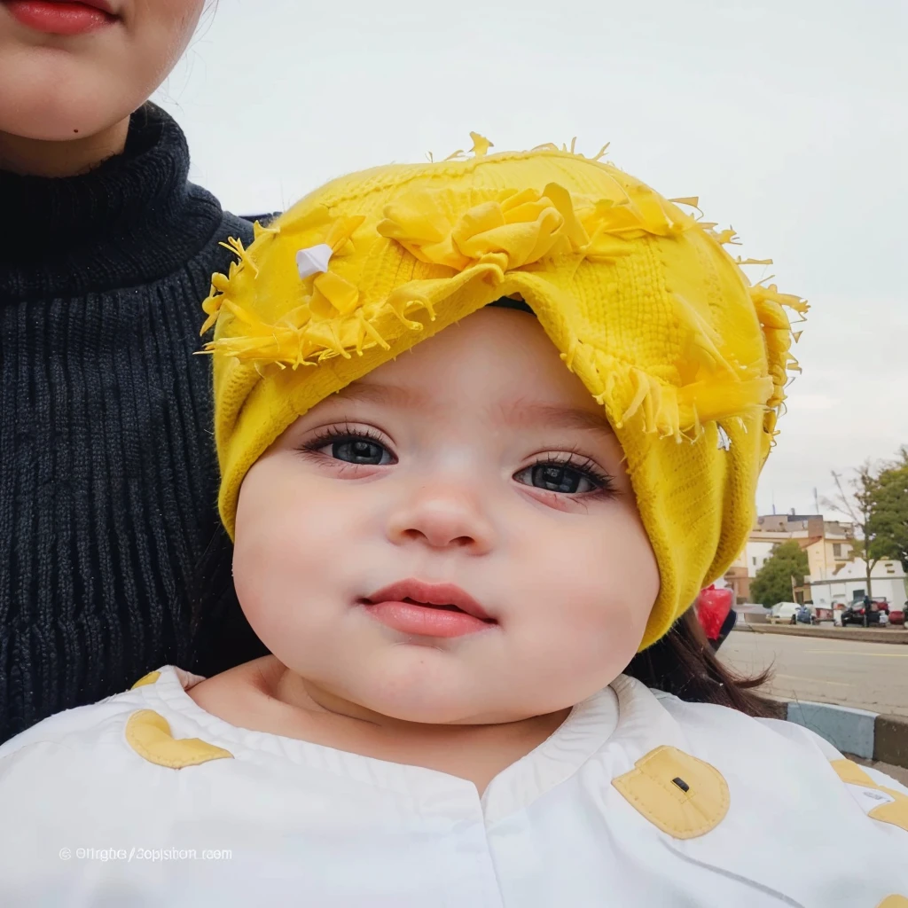 convert a baby with yellow hat to high resolution image and also make her eyes grey red lip and cute