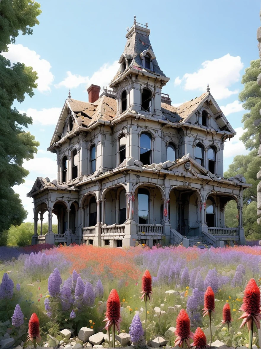 An abandoned Victorian mansion, with firecrackers scaling its ruined walls made of crazy rubble and wildflowers blooming through the cracks of&#39;an old paved path. The setting sun casts a golden hue on the scene, emphasizing the strange beauty of decadence and the relentless power of nature reclaiming human creations, (head of&#39;artwork:1.2), best quality, (hyperdétaillé, the most detailed:1.2), high resolution textures Info
