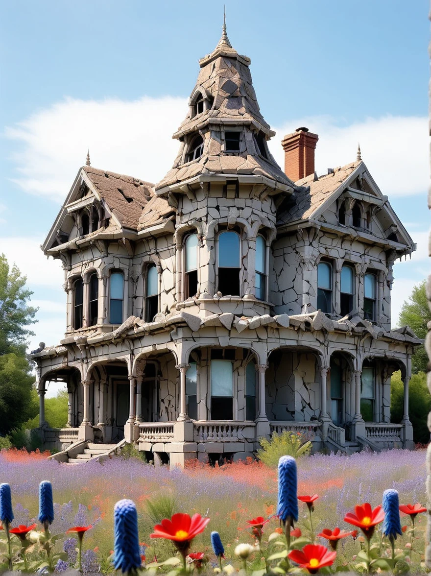 An abandoned Victorian mansion, with firecrackers scaling its ruined walls made of crazy rubble and wildflowers blooming through the cracks of&#39;an old paved path. The setting sun casts a golden hue on the scene, emphasizing the strange beauty of decadence and the relentless power of nature reclaiming human creations, (head of&#39;artwork:1.2), best quality, (hyperdétaillé, the most detailed:1.2), high resolution textures Info
