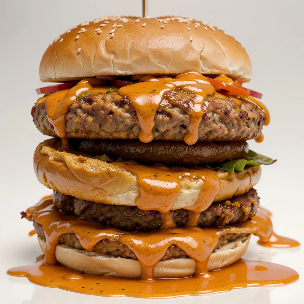 Delicious burger with many ingredients isolated on white background Tasty cheeseburger splash sauce