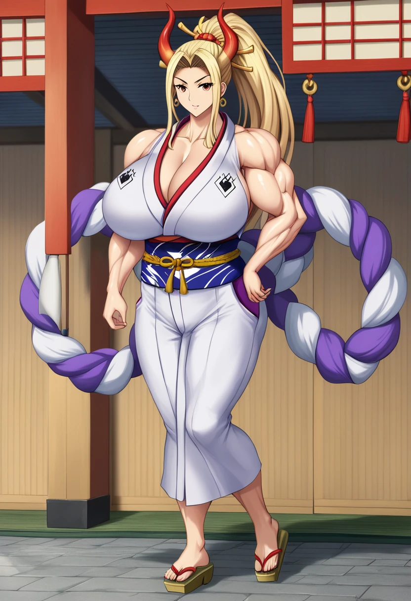 masterpiece, best quality), best resolution, yamato, earrings, hair stick, bare shoulders, japanese clothes, kimono, rope, sleeveless kimono, shimenawa, high ponytail, extreme muscular body, huge breasts, full body.