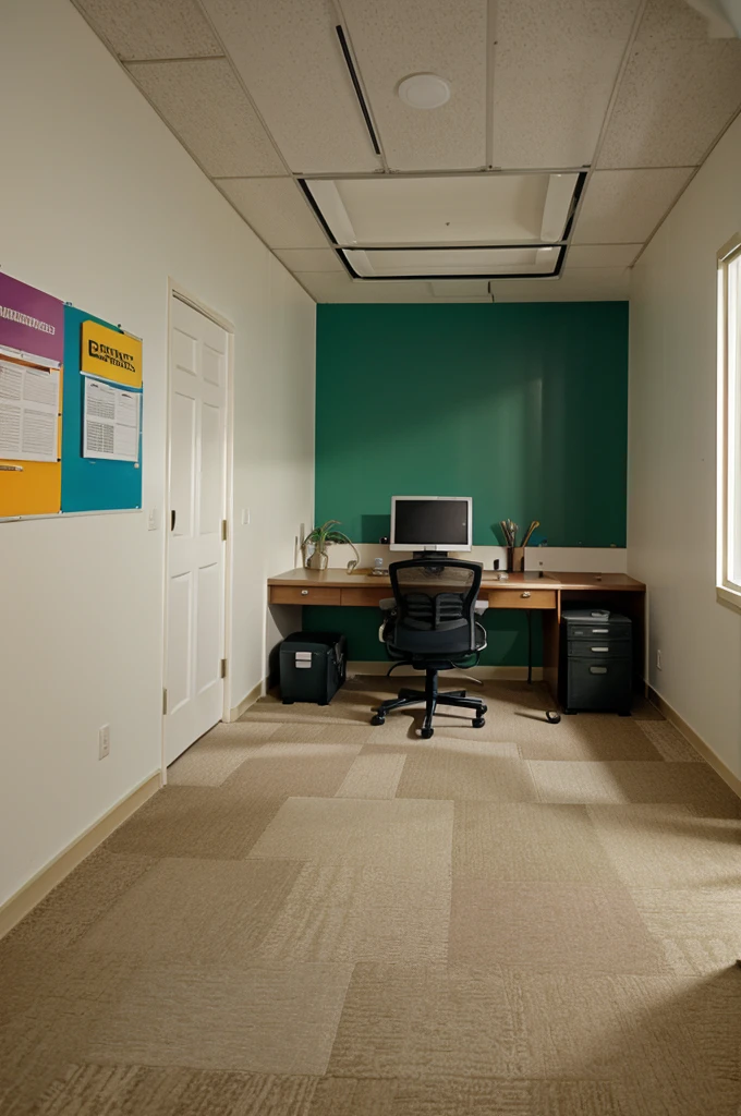 general shot of an empty office, color wall 03BFC0, carpet floor color 025158 with decoration elements distributed towards the ends of the image