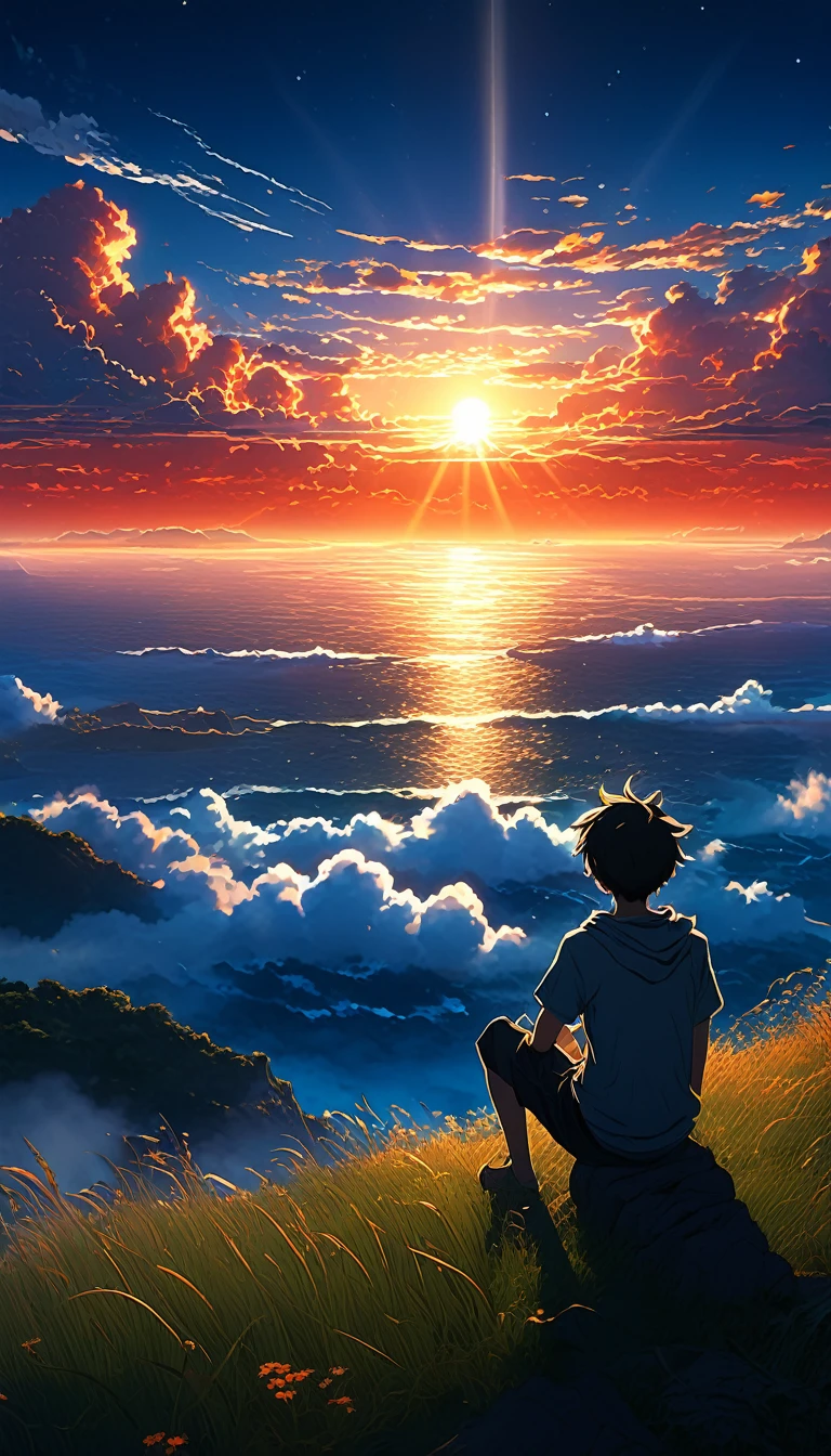 High quality, 8K Ultra HD. The image shows a boy sitting anime watching
The terrifying ocean at sunrise from a grassy hill, with a background of vibrant blue sky and red and orange hues of the sun. anime art wallpaper 4k, arte digital de Shen Che-Tsai, pexels, realismo fantástico, entre nubes celestiales iluminadas por el sol, nubes celestiales, cielo asombroso, Atardecer en las nubes, nubes doradas, cielo impresionante, nubes impresionantes, nubes magnificas, nubes brillantes, Nubes al atardecer, cielo en la tierra, luces celestiales doradasanime art wallpaper 4K, anime background, anime art wallpaper 8K, anime art background, anime landscape wallpaper, amazing wallpaper, high quality wallpaper definition,4k animated wallpaper,4k animated wallpaper,Aries Moross art,Bob Byerley art,AshleyWoodArtAI,greg rutkowski
