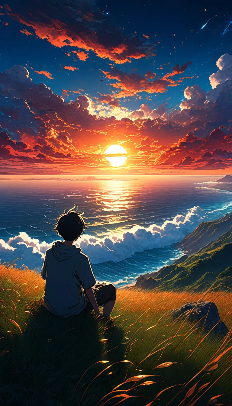 High quality, 8K Ultra HD. The image shows a boy sitting anime watching
The terrifying ocean at sunrise from a grassy hill, with a background of vibrant blue sky and red and orange hues of the sun. anime art wallpaper 4k, arte digital de Shen Che-Tsai, pexels, realismo fantástico, entre nubes celestiales iluminadas por el sol, nubes celestiales, cielo asombroso, Atardecer en las nubes, nubes doradas, cielo impresionante, nubes impresionantes, nubes magnificas, nubes brillantes, Nubes al atardecer, cielo en la tierra, luces celestiales doradasanime art wallpaper 4K, anime background, anime art wallpaper 8K, anime art background, anime landscape wallpaper, amazing wallpaper, high quality wallpaper definition,4k animated wallpaper,4k animated wallpaper,Aries Moross art,Bob Byerley art,AshleyWoodArtAI,greg rutkowski