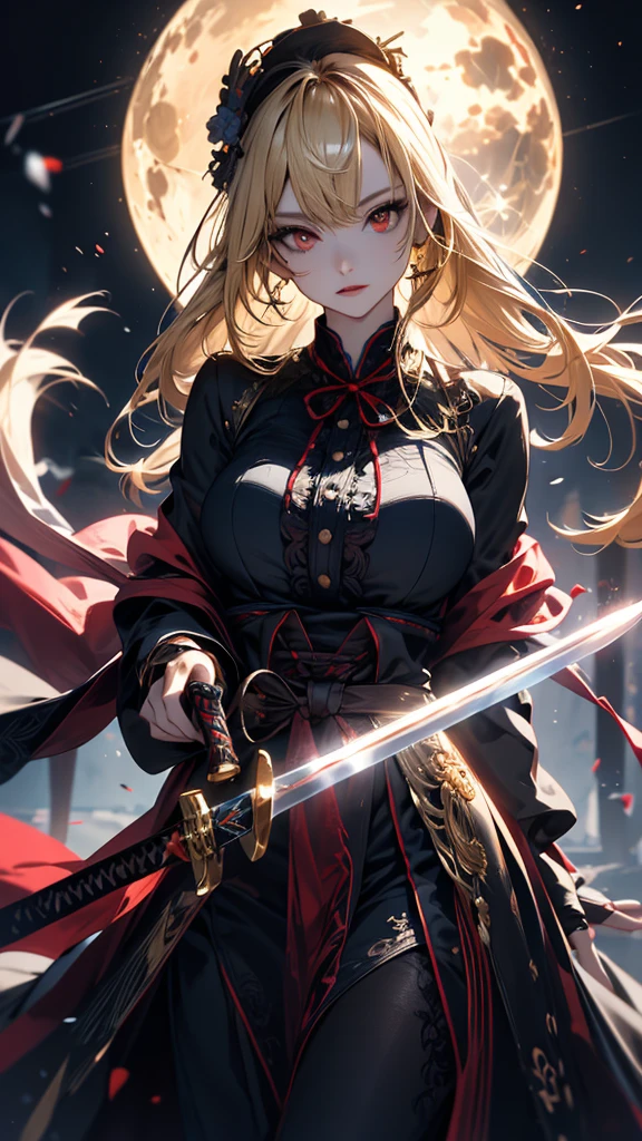 masterpiece, high quality, 4K, Beautiful design, silhouette,blonde, 非常に詳細な夜のStarry Sky,Flower Field, wonderful, Finer details, Very knowledgeable woman, Highly detailed solo, 1 female,Red eyes,Big Breasts,Gothic Lolita Fashion,Twin Swords,Night view,Starry Sky,full moon,
