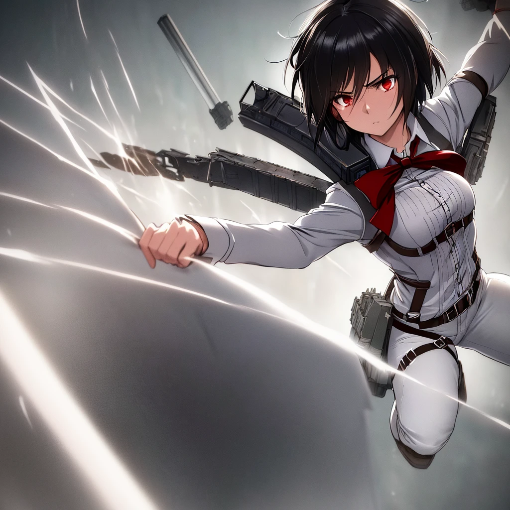 Illustration, Mikasa Ackerman, Attack on Titan, anime girl, short black hair (choppy, layered, and framing her face), stoic expression (with a hint of intensity), 3D maneuver gear (detailed, intricate, and worn), fitted white shirt (with a high collar, and a silver brooch), dark blue pants (tight, and with a red sash), toned arms (muscular, and with a few scars), athletic build (lean, and with a subtle six-pack), smooth skin (porcelain-like complexion, with a subtle sheen), intricate details (dainty fingers, with a few scratches), dynamic pose (leaping forward, with her 3D maneuver gear deployed), dramatic lighting (high-contrast, with a warm glow), 4k, high resolution, ultra high resolution, intricate detail, detailed texture, intense atmosphere, solo character, single figure